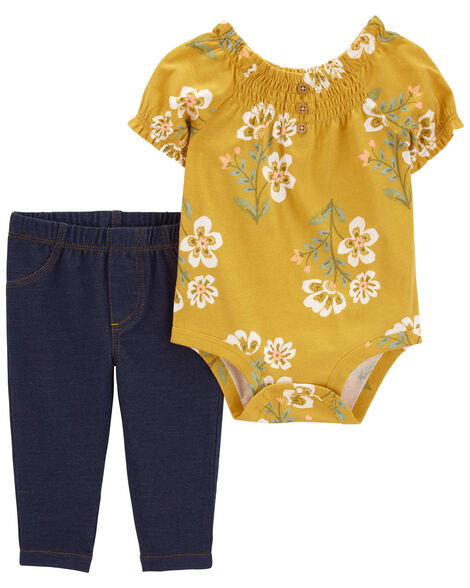 CARTERS BEBE NIÑA CONJ. DE PANTALON GOLD FLORAL FAUX DENIM