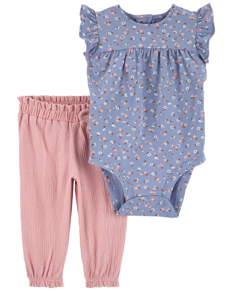 CARTERS BEBE NIÑA CONJ. DE PANTALON BLUE FLORAL SOLID PINK