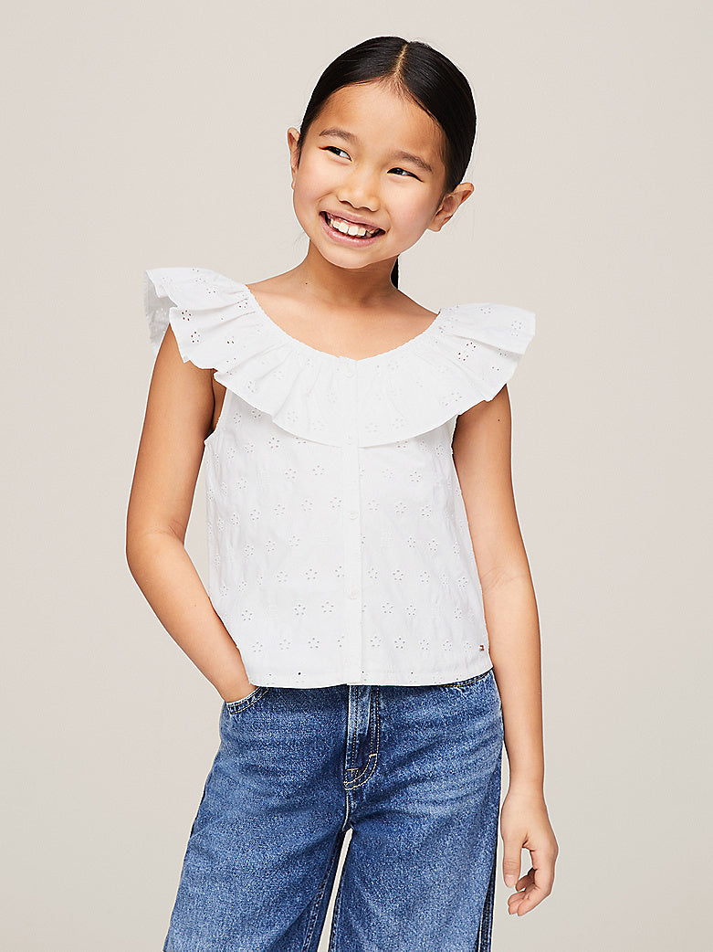 TOMMY HILFIGER NIÑA BLUSA BRODERIE ANGLAISE FRILL TOP WHITE